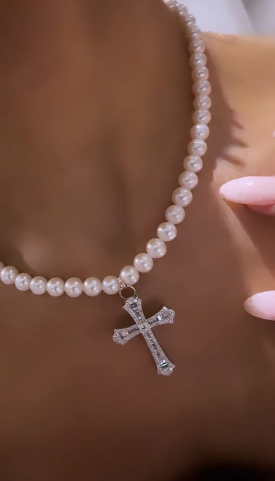 Pearl and Diamond Cross Necklace